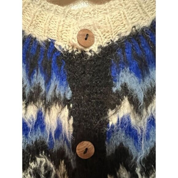 Vtg Signature Imports Alpaca Fair Isle Cardigan Black Blue White Fuzzy Bolivia - Picture 10 of 16